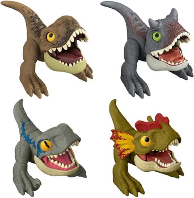 Set met 4 x Jurassic World Uncaged Wild Pop Ups - T-Rex - Velociraptor Blue - Carnotaurus - Dilophosaurus - Mattel