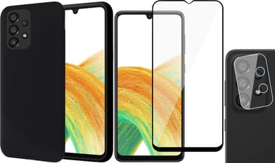 Hoesje geschikt voor Samsung Galaxy A33 - Matte Back Cover Microvezel Siliconen Case Hoes Zwart - Full Tempered Glass Screenprotector - Camera Lens Protector