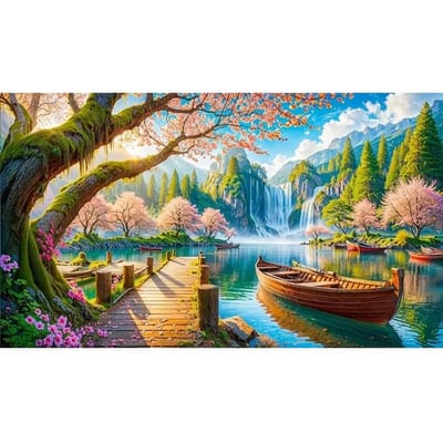 diamond painting prachitge kleuren in de omgeving met een boot die stuurloos dobbert 40 x 70 cm