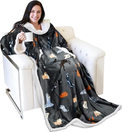 Dubbelzijdige TV-deken met Mouwen en Zakken – Warme micropluche Fleece Sherpa-deken voor Volwassenen – Uniseks – 185 x 140 cm