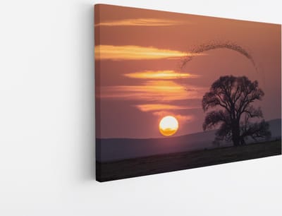 Saammp Canvas Schilderij - Vogels met zonsondergang - Dieren - Bloemen - 30x20 - Foto op canvas - Wanddecoratie - muurdecoratie Woonkamer - Slaapkamer decoratie - Canvas Print