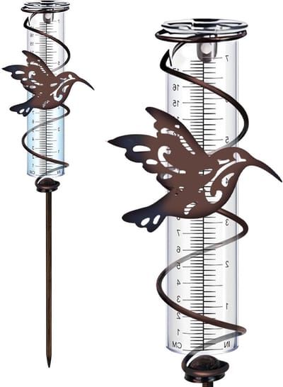 Vintage regenmeter van explosiebestendig glas voor tuin, met grondpen en kolibrie design, ideaal voor buitengebruik en tuinaccessoires