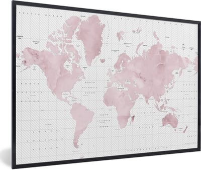 Poster in lijst - Fotolijst 90x60 cm - Posters - Wereldkaart - Roze - Marmer - Posterlijst zwart - Decoratie - Wanddecoratie woonkamer - Muurdecoratie slaapkamer