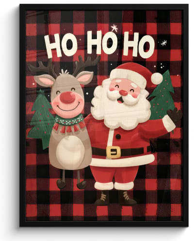 Poster in lijst - Fotolijst 60x80 cm - Posters - Kerstman - Rendier - Tekst - Rood - Zwart - Posterlijst zwart - Decoratie - Wanddecoratie woonkamer - Muurdecoratie slaapkamer - Kerstversiering - Kerstdecoratie voor binnen - Kerstmis