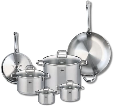 Set van 2 Koekenpannen 24 en 32 cm en 4 kookpotten 12, 14, 20 en 26 cm Elo Profi Citrin