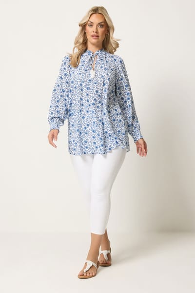 Yours Blauwe Blouse Met Bloemenprint En Strikkraag Size 42