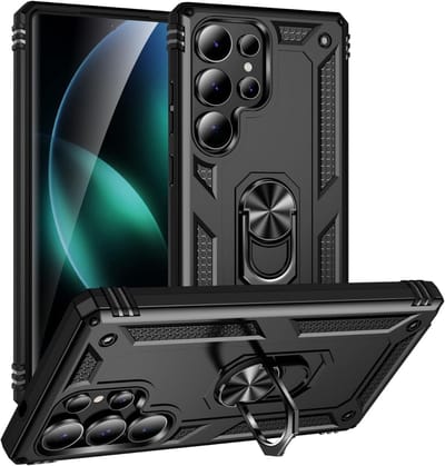 Casemania Hoesje Geschikt voor Samsung Galaxy S25 Ultra - Zwart - Anti-Shock Hybrid Armor Back Cover - Hoes met Kickstand Ring