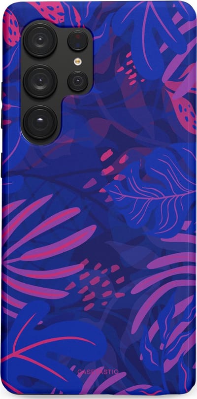 Casetastic hoesje geschikt voor Samsung Galaxy S25 Ultra - Dubbellaagse bescherming - Neon jungle blad - Fashion Case - Donkerblauw Lavendel Roze