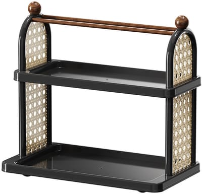 Opbergrek met twee niveaus - vintage stijl opbergrek met meerdere niveaus - geschikt voor koffie, specerijen, cosmetica - koffiekopjeshouder - geschikt voor aanrechtbladen in kantoor en keuken (zwart)