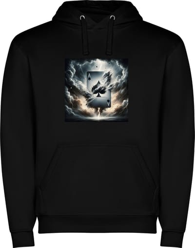 Zwarte unisex hoodie met “ Kleurrijke Speelkaart Schoppen Aas – Harten – Schoppen – Klaver – Ruit “ Print Full Color Color merk Roly maat S