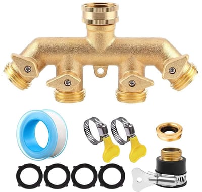 Allecto - Messing 4-weg Kraanadapter - Tuinaccessoires - Duurzaam en roestvrij - Slangconnector met kleppen - Gemakkelijk te monteren - Geschikt vo..