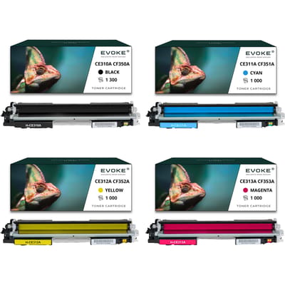 Evoke compatibele toner voor Hp Ce310A Ce311A Ce312A Ce313A 126A en Cf350A Cf351A Cf352A Cf353A 130A 4X Cmyk: Zwart, Cyaan, Geel, Magenta 4300 pagina's Color Laserjet Pro Cp1025 Cp1025Nw; Mfp M175A