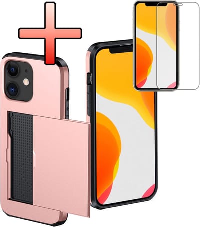 Hoes Geschikt voor iPhone 11 Hoesje Pasjeshouder Hard Cover Met Screenprotector Shock Proof Hard Case Hoes Met Kaarthouder - Rosé goud