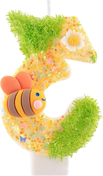 Verjaardagskaars Nummer 3 - Taartkaars 3 Jaar - Taart Decoreren - Bijen en Bloemen Thema - 7 cm Hoog - Geel