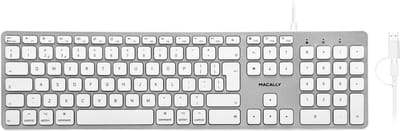Macally UCZKEYHUBW-UK full size bedraad USB-toetsenbord met 3 poorts USB-hub (één USB-C- en twee USB-A-poorten), numeriek toetsenblok met achttien toetsen, witte toetsen, Brits/Nederlands (QWERTY)