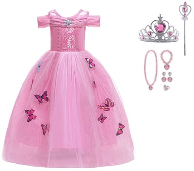 Prinsessenjurk meisje - Verkleedkleren meisje - Roze vlinders - Maat 92/98 - Accesssoires - Roze handschoenen - Roze jurk - Carnavalskleding kinderen - Kleed