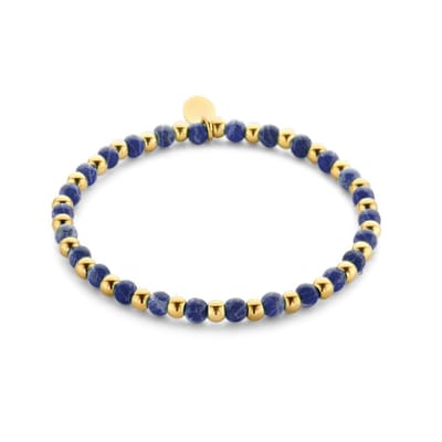 CO88 Collection 8CB-90837 Stalen Armband - Dames - kralen - 4 en 4,5 mm Doorsnee - Staal en Blauwe Sodaliet - 17,8 cm Lengte - Rekarmband - Goudkleurig