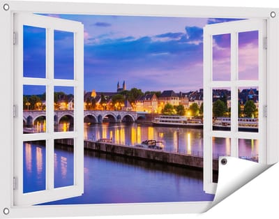 Gards Tuinposter Doorkijk Maastricht Maas Rivier bij de Sint Servaasbrug - 90x60 cm - Tuindoek - Tuindecoratie - Wanddecoratie buiten - Tuinschilderij