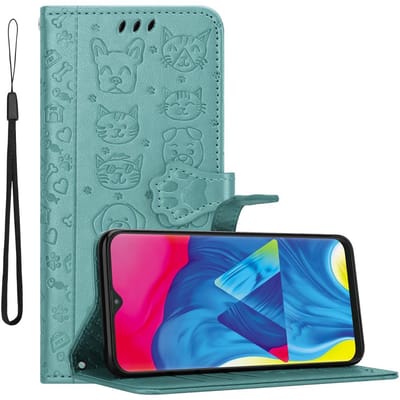 Cadorabo Hoesje geschikt voor Samsung Galaxy A10 / M10 in SHINY GROEN - Beschermhoes honden en katten met standfunctie en kaartsleuven Book Case Cover Etui