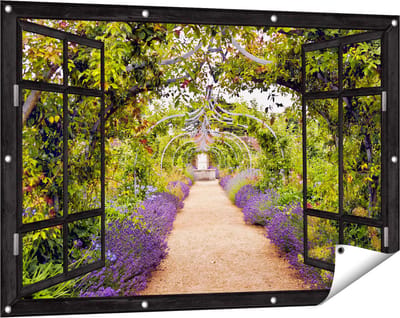 Gards Tuinposter Doorkijk Lavendel Pad - 120x80 cm - Tuindoek - Tuindecoratie - Wanddecoratie buiten - Tuinschilderij
