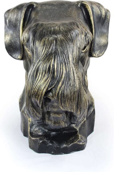 Schnauzer urn en tuinbeeld voor hondenas, grote hondenkop voor in de tuin