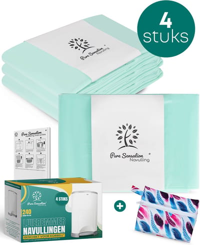 Pure Sensation® Luieremmer Navulling - 4 stuks - Geschikt voor Korbell - Inclusief Extra Luier Etui - Navullingen 15/16 liter - Luieremmer Zakken - Luieremmernavullingen - Luieremmers - Korbell Luieremmer – Luierzakjes Wegwerp - Korbell Navulling