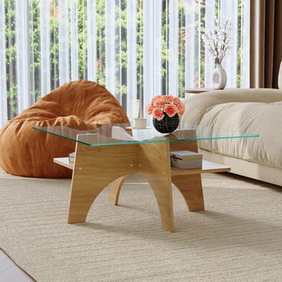 Moderne vierkante bijzettafel/salontafel van gehard glas – 80 cm breed. Tafelpoten van MDF met een lichte houtfineer. Ideaal voor eetkamers, woonkamers en nog veel meer.