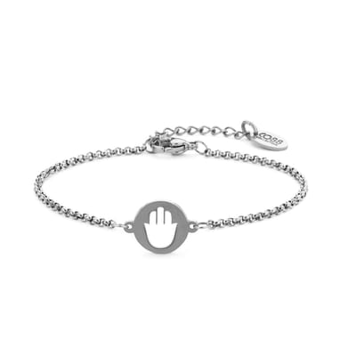 CO88 Collection 8CB-91244 Stalen Jasseron Armbandje met Fatima Handje Hangertje - 12mm Doorsnee - Jasseron - 2mm - 16+3cm - Staal - Zilverkleurig