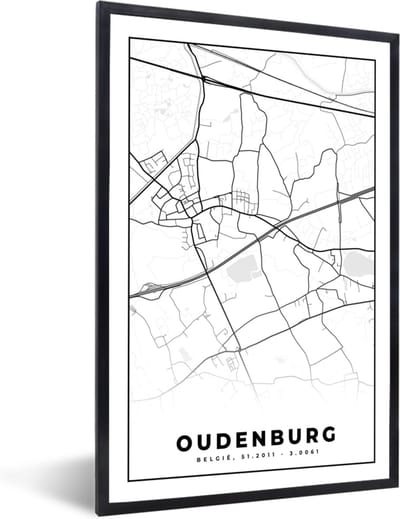 Fotolijst incl. Poster Zwart Wit- Zwart Wit – België – Plattegrond – Stadskaart – Kaart – Oudenburg - 40x60 cm - Posterlijst