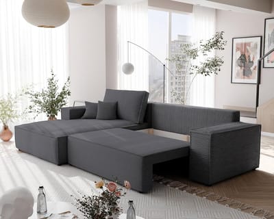 Hoekbank met Slaapfunctie 294 x 185 x 70 cm – L-vormige Slaapbank met Opbergruimte en Bedlade – 3-Zits Bankbed van Corduroy – Links/Rechts Oriëntatie – Laura