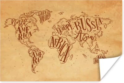 Poster 30x20 cm - Wereldkaart - Retro - Bruin - Posters - Kamer decoratie - Wanddecoratie woonkamer - Muurdecoratie slaapkamer