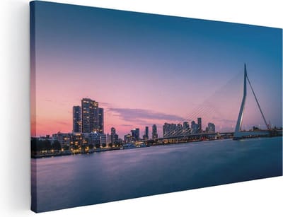 Artaza Canvas Schilderij Rotterdam Skyline - 40x20 cm - Klein - Wanddecoratie Zonsondergang - Muurdecoratie Erasmusbrug - Schilderijen Op Canvas