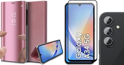 Hoesje geschikt voor Samsung Galaxy A34 - Screenprotector FullGuard & Camera Lens Screen Protector - Book Case Spiegel Roségoud