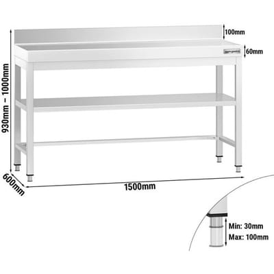 GGM Gastro Edelstahl Arbeitstisch PREMIUM - 1500x600mm - mit Grundboden, Aufkantung & Verstrebung Zilver