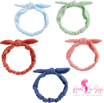 Haar in Stijl® Haarband Hafsa 5 pack - Smalle en zachte baby haarband van hydrofiele stof met een strikje - roze groen lichtblauw honing blauw cadeauset