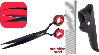 Professionele Hondenschaar – Ergonomische Kromme Trimschaar – Zwart/Rood – Voor Vacht- & Pootverzorging van Langharige Honden met Luxe Lederen Etui – 16,5 cm – Zwart + Anti-Klit Kam – Pijnloos & Huisdiervriendelijk