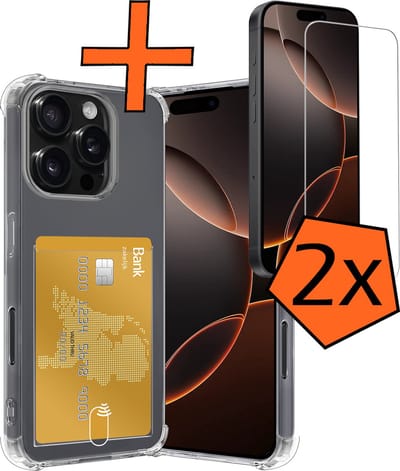 Hoes - Geschikt voor Apple iPhone 16 Pro - Met 2x Screenprotector - Pashouder - Kaarthouder - Telefoon Hoesje Shockproof - Siliconen Case - Back Cover - Shock Proof - Pasjes Houder - Transparant