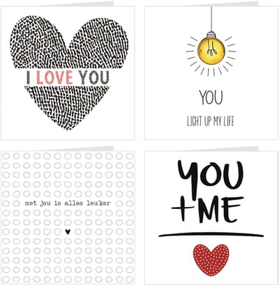 4x wenskaarten / set kaarten en enveloppen | YOU & ME | o.a. I love you / you light up my life