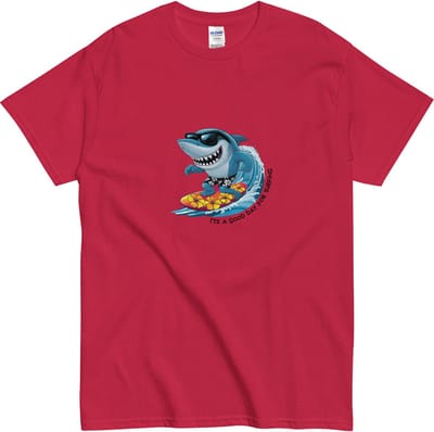 Surf Tshirt met Cartoon Haai - Dames en Heren - Tekst: Good Day for Surfing - Rood - 3XL