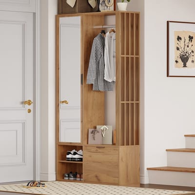 Halmeubel - 100x33x190 cm - 6-in-1 Met Spiegel Kapstok En Onderkast - MDF - Houtkleur