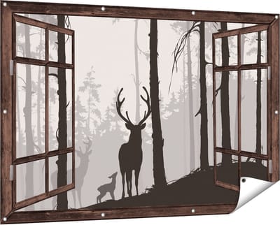 Gards Tuinposter Doorkijk Herten in het Bos - Silhouet - 150x100 cm - Tuindoek - Tuindecoratie - Wanddecoratie buiten - Tuinschilderij