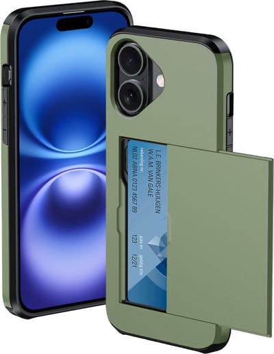 Hoesje Geschikt voor iPhone 16 Hoesje Met Pasjeshouder Hard Case Met Kaarthouder - Hoes Geschikt voor iPhone 16 Hoesje Pashouder Case - Donkergroen