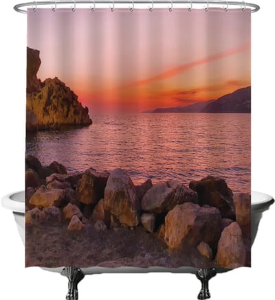 Ulticool Douchegordijn - Zonsondergang Sunset  - 180 x 200 cm - met 12 ringen wit - semi Transparant - anti schimmel - roze lila bruin
