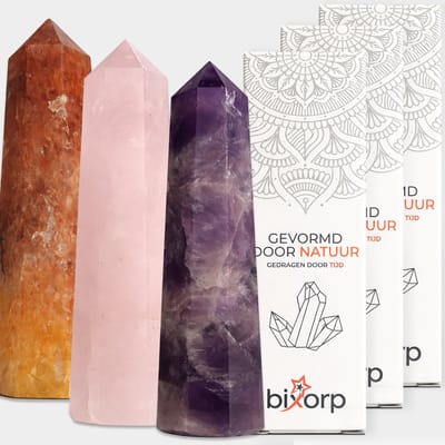 Bixorp Gems Edelsteen Punt set met Carneool + Amethist + Rozenkwarts - Edelstenen Obelisk - Decoratieve Toren van 100% Natuurlijke Edelsteen - 6 tot 8cm