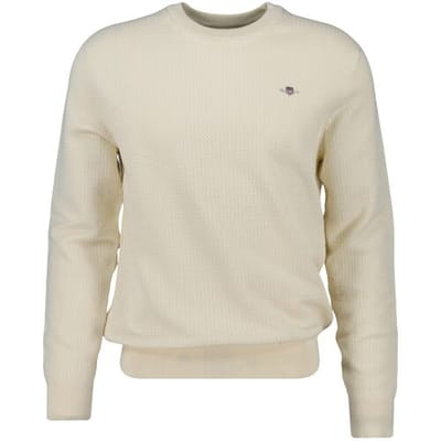 Gant Trui Uni Color Textured Cotton Crew Neck Cream / male