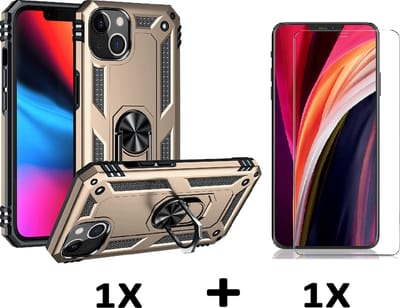 Casemania Hoesje Geschikt voor Apple iPhone 14 Plus - Goud / Glazen Screenprotector - Anti-Shock Hybrid Armor Back Cover - Hoes met Kickstand Ring