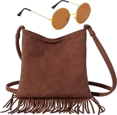 Hippiekostuum voor dames met accessoires, jaren 70 outfit voor carnaval, festivals en boho stijl, inclusief ronde bril en tas