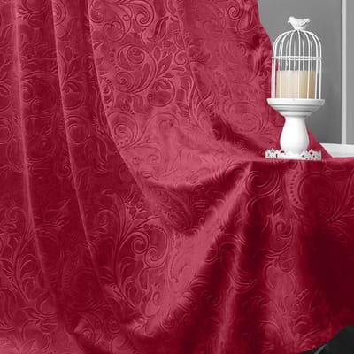 Qelus Fluweel Gordijnen - Verduisterende Gordijnen - Kant en Klaar Gordijn - Luxe 2-delige Gekreukt Fluweel Gordijn - Bloemendamastpatroon, Thermisch Isolerend & Lichtwerend Voor Woonkamer Of Slaapkamer - B 132 x H 213cm (Rozerood)