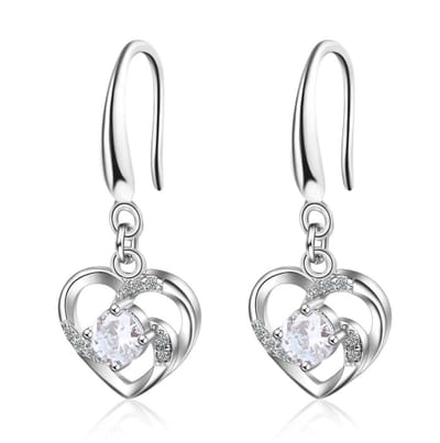 Tibri 472 - Oorbellen dames - Zilverkleurige oorhangers met hartje en Zirkonia steentje en strass