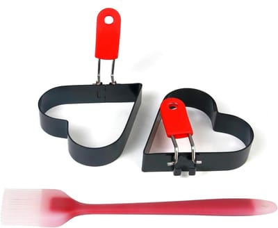 Hartvormige Ei Vormen - Pannenkoek ringen - Ontbijt Maken - Opvouwbaar Handvat - 10 cm Diameter - Zwart Rood